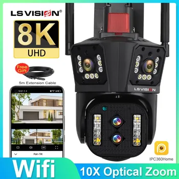  A VISÃO do LS 8K ao ar livre sem Fio wi-Fi Câmera de Segurança Zoom Óptico de 10X e Auto controle de 6K PTZ 4 Lente de 3 Telas de CCTV IP Cam Impermeável