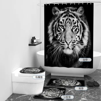  Tigre 3D Impresso Conjunto de Banheiro Juntos Cortina de Chuveiro Tapete Conjunto de casa de Banho Tapetes Tapetes de Banheiro Decoração Mat 01